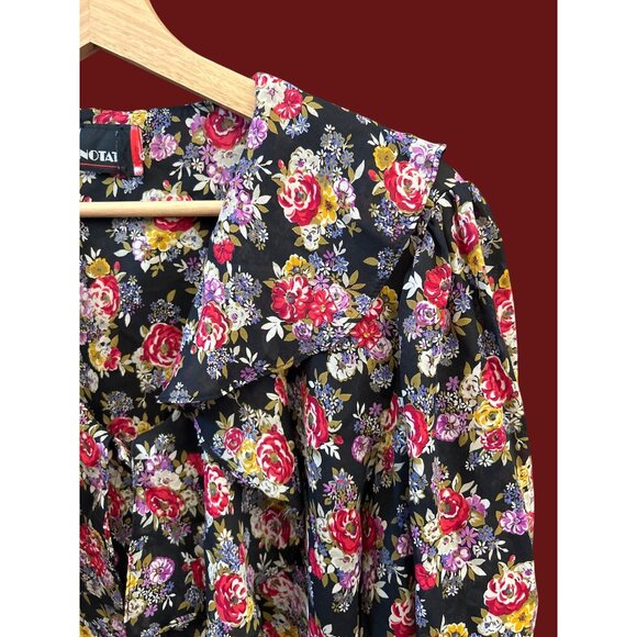 Vintage Notations Floral Ruffle Neck Blouse Black Cottagecore Romantic Boho 90s - Picture 3 of 6